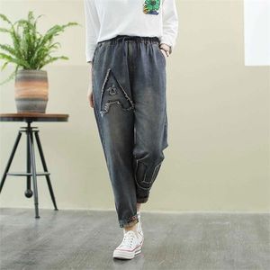 Arrivo Autunno Stile Arti Patchwork Ricamo Jeans vintage larghi per le donne Pantaloni Harem in denim di cotone elastico in vita M337 210512