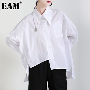 [Eam] Mulheres Branco Ventilto Irregular Ventilado Big Size Blusa Lapela Manga Longa Solta Fit Camisa Moda Primavera Outono 1d7016 21512