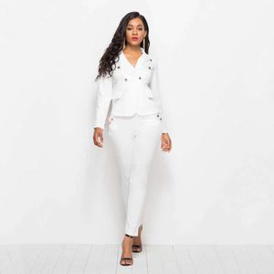 Autumn Winter Business Women Elegant Suit 2 Piece Set White Blazer Coat Pencil Slim Long Pant Office Lady Jacket Female Outfits 210927