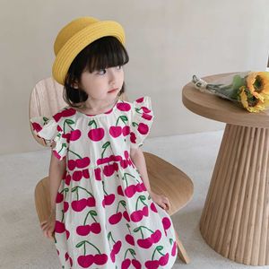 Korean style summer baby girls cheery printing flying sleeve dresses children loose casual thin princess dress 210615