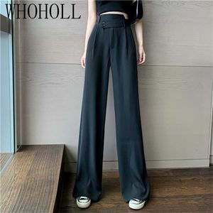 여성 스트레이트 정장 바지 단단한 넓은 다리 바지 Streetwear 세련 된 느슨한 높은 허리 211115