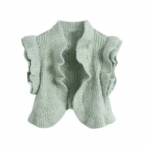 Vårkvinnor Cascading Ruffle Knitting Kort Sweater Kvinna Ärmlös Pullover Casual Lady Loose Topps SW1159 210430