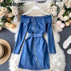 Korobov Denim Dress Koreansk Slash Neck Off Shoulder Streetwear Klänningar Sommar Långärmad Lacing Hög Midja Zipper Vestidos 210430