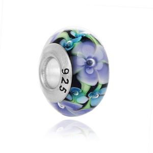 Top Quality925 Sterling Silver Murano Lampwork Lampwork Grânulos Flor roxa em Black Fit Pandora Pandora Encantos Pulseira Colar Diy Jóias