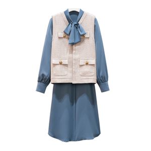 2 sztuki 1 Zestaw jednolitych kolorów Sukienka Długi sweter z dzianiny Casual Szyfonowa Bow Top + Tweed Vest D3005 210514
