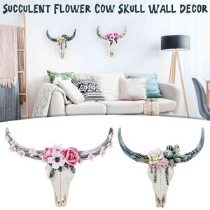 Succulent Flower Cow Skull Wall Decor Nursery Resin Ornament with Hanging Hole Bull Head Pendant Home ation 210827