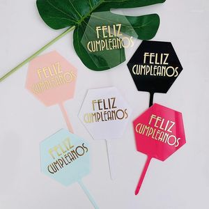 Spanish Feliz Cumpleanos Cake Topper Hexagon Solid Color Happy Birthday For Espanol Party Decorations Other Festive & Supplies