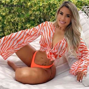 Sexy Three Pieces Bikini Set Bell Sleeve Cover Up Swimwear Women Swimsuit Print Bathing Suit Beachwear Swimming 210702