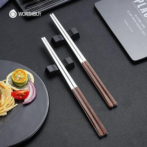 Pauzinhos maiyuansu 5 pcs conjunto coreano 304 aço inoxidável com punho de plástico paus sólidos sushi reutilizável