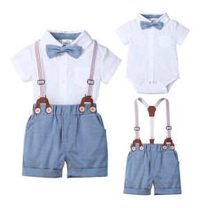 Resmi erkek bebek giysileri setleri yaz yenidoğan kıyafetleri çocuk takım elbise pamuk kısa kollu yay beyaz üstleri bib şort 3-24 ay