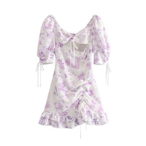 Stilvolle schicke lila Blumendruck-Spitze-Manschetten-Minikleid-elegante Frauen-reizvolle rückenfreie trägerlose Kleider beiläufige Vestidos 210520