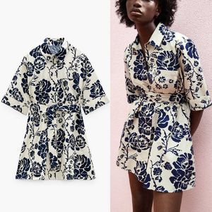 ZA verão mulheres camisa vestido floral impressão de manga curta cinto escritório senhora vestido moda botão para cima vintage azul mulher vestidos 210602