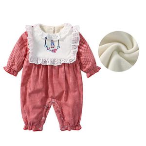 Baby Girl Easter Rompers Infant Embroidery Rabbit Placid Romper with Fleece Liner born Warm Long Sleeve Pajamas Babygrow 210615