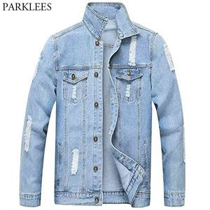 Klassische zerrissene Jeansjacke für Herren mit Löchern, lässige Waschung, Baumwolle, Jeansjacke, Herrenmarke, Umlegekragen, Veste en Jean Homme 210522