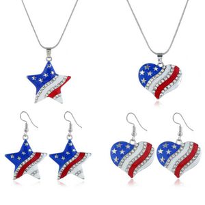 2021 Trend American Independence Day Flag Set Jewelry Creative Big Heart-shaped Five-pointed Star Diamond Earrings Necklace Q0709