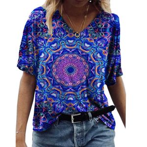 夏の女性Tシャツカジュアル3 d抽象的な絵画プリントVネック半袖ルーズトップスプラスサイズストリートウェアティートップレディース210526