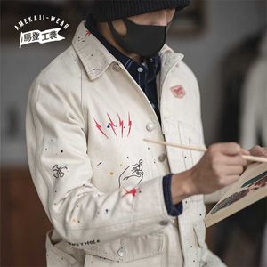 マディングラフィティジャケットのための男性のためのツーリングフレンチレトロ狩猟カジュアルホワイトデニムジャケットシャツスリムトップ日本のジャケットメンズトレンド210927