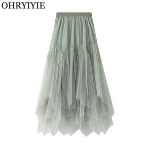 OHRYIYIE Women irregular Long Tulle Skirts Ladies High Waist Ankle-Length Tutu Maxi Beige Green Female Faldas Jupe Femme 210619
