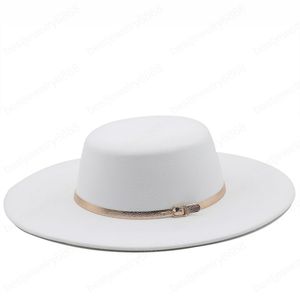 9.5 cm Geniş Ağız Kilisesi Derby Üst Şapka Panama Katı Keçe Fedoras Şapka Kadınlar Için Kemer Ile Yapay Beyaz Yün Karışımı Jazz Cap