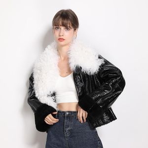 Women's Fur & Faux Wool Collar Double Faced Real Coat Winter Jacket Women Genuine Leather Natural Merino Sheep Locomotive Streetwear