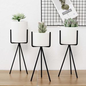 1 Set Ceramic Succulent Flower Planter Pot With Iron Frame Shelf Stand Black Nordic Style Flowerpot Home Garden Decoration 210615