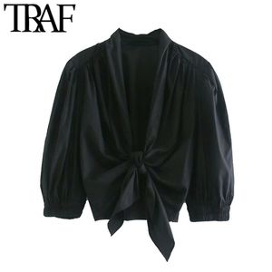 Kvinnor Mode med elastisk trim Ruffled Beskuren Blusar Vintage Puff Sleeve Bow Tied Female Shirts Blusa Chic Toppar 210507