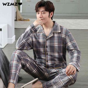 100% bawełna pijama dla mężczyzn plaid jesień zima sleepwear piżamas zestaw piżamy 3xl casual pasiasty mężczyzna homewars domowe ubrania 210918