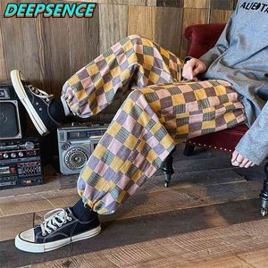 Four Seasons Casual Pants Japan Harajuku Style Grid Wide Men Elastic Leg Opening Ankle Length Women 210715