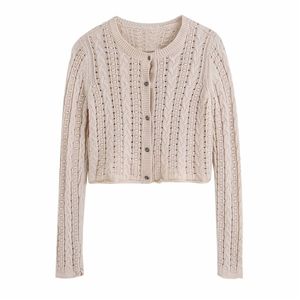 Streetwear Women Hollow Out Tröjor Mode damer O-Hals Stickade Coats Elegant Kvinna Chic Button Beige Cardigan 210430