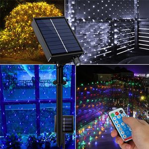 SOLAR NET LJUS STRINGS 1.5 * 1,5m 3 * 2m LED-lampor Timerdämpning LED Flash-sträng IP65 Vattentät Julgardiner Dekorationsköbana Trädgårdsljus