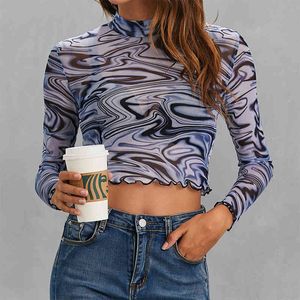 E女の子プリント長袖クロップトップTシャツ女性の透明点フリルヘムメッシュトップスTurtleNeck TShirt Y2K審美的なストリートウェア210518