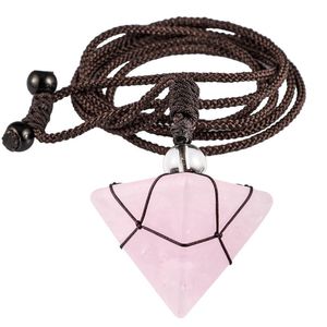 Pendant Necklaces Natural Rose Quartz Crystal Inverted Pyramid Necklace Adjustable Brown Rope Chain Energy Gem Charms Women Jewelry Gift