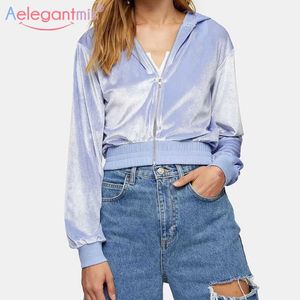 Felpa con cappuccio in velluto Aelegantmis Donna Zipper Coreano Casual Chic Cappotto morbido allentato Harajuku Top corto Donna BF Zip Up 210607