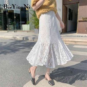 Beiyingni cintura alta saia lace branco vintage moda elegante forro sereia saias mulheres sexy midi coreano faldas mujer 210629