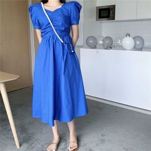 Verão versão coreana do joelho comprimento longo decote em v plissado slim slouff manga quadrado vestido casual + saco 210531