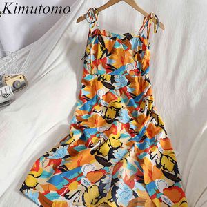 Kimutomo Elegantes Druckkleid Frauen Lace Up Slash Neck Ärmellos Slim High Waist Spaghetti Strap Vestido Korean Chic Fashion 210521