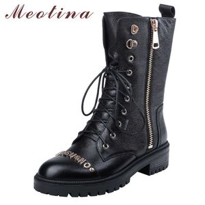 Meotina Stivali da moto in vera pelle Donna Stivali con tacco in vera pelle naturale Stivaletti con cerniera Scarpe con punta tonda Donna Autunno 210608