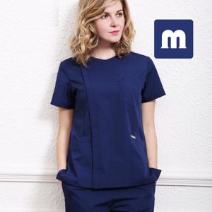 MEDIGO-083女性の2ピースパンツ女性スクラブトップス+パンツ男性医療制服手術スクラブシャツ半袖病院制服ペットグレイの解剖学医師のワークウェア