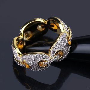 Hip Hop CZ Stone Pave Gold Color Brass Sparking Cuban Chain Rock Ring Bling Ice Out Anelli per gioielli da uomo 2021