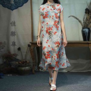 Johnature Women Chinese Style Dresses Stand Ramie High Quality A-line Robes Print Floral Summer Button Female Dresses 210521