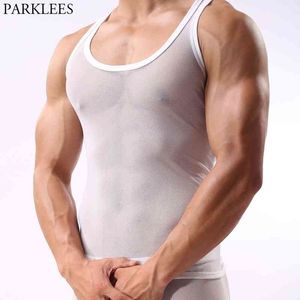 Sexy See Through Mesh Tanks Top Men Sleeveless Fitted White Muscle Top Male Transparent Perspective Fishnet Undershirt 210522