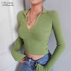 Bradely Michelle Höst Kvinnor Mode Långärmad Djup V-Neck Sweaters Big Elastic Sticked Crop Tops 210806