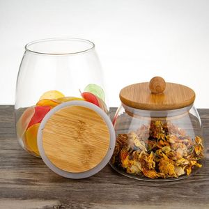 Vorratsflaschen, Gläser, luftdichte Behälter aus Glas für Lebensmittel, Küche, Mehlbehälter mit Bambus-Holzdeckeln