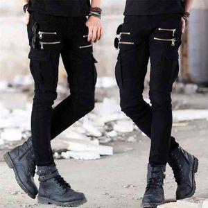 Motorcycle Denim Pants Men's Black Jeans Fashion Stretch Zipper Skinny Pleated Moto Biker Men Slim Selling 210716