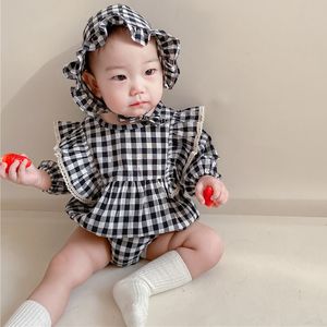 Spring Autumn Kids Girl Long Sleeve Grid Rompers Infant Baby born Clothes Lace 210429