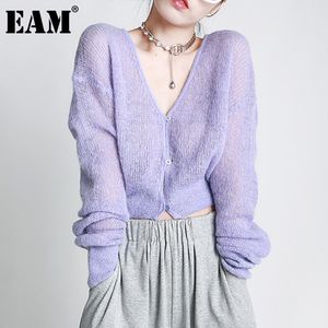 [EAM] Stricken Strickjacke Lila Grün Kurze Pullover Lose Fit V-ausschnitt Langarm Frauen Mode Frühling Herbst 1DD6304 21512