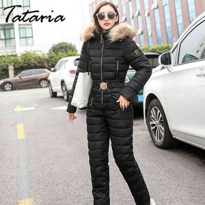 Outwear para mulheres jaquetas de inverno com colarinho de pele tracksuits de alta qualidade casaco longo jumbsuit 210514