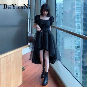 Women's Vintage Plus Size Dress Short Sleeve Irregular Black French Tutu Dresses Belted Casual Midi Party Vestidos 4XL 210506