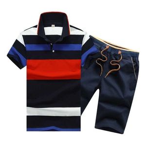 Summer Cotton Mens Polo Shirts Button Sets Turn Down Neck 4XL Shorts And Polos Striped Clothes 2 Piece 210601