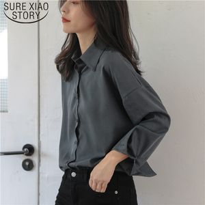 Blusas mujer de moda outono inverno mulheres solta manga longa vintage camisas cinza sólido plus tamanho blusas 6592 50 210510